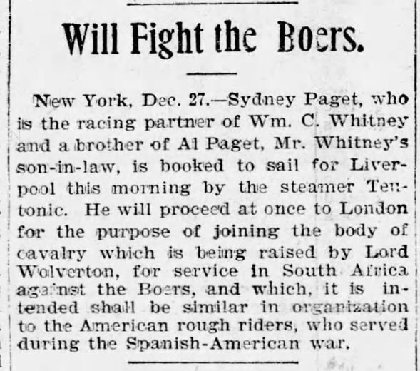 Paget off to fight the Boers